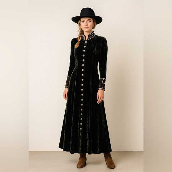 Vintage Double D Ranch Green Velvet Maxi Dress Western Pearl Snap Studded XS - Picture 1 of 16